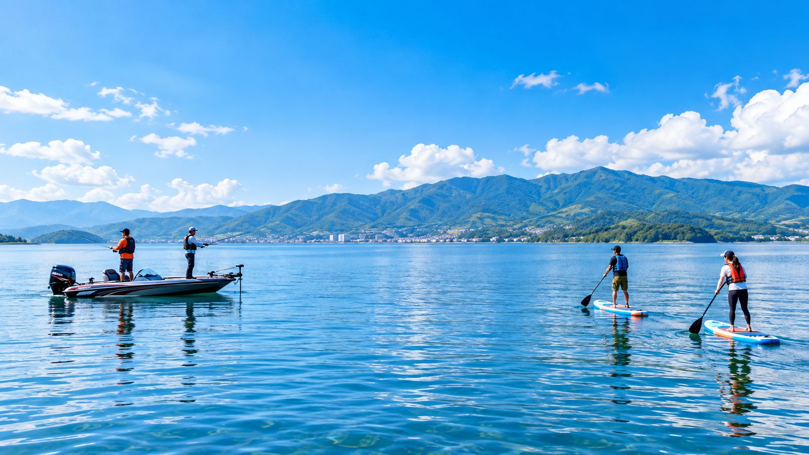琵琶湖でバス釣りと SUP を楽しむ人たち